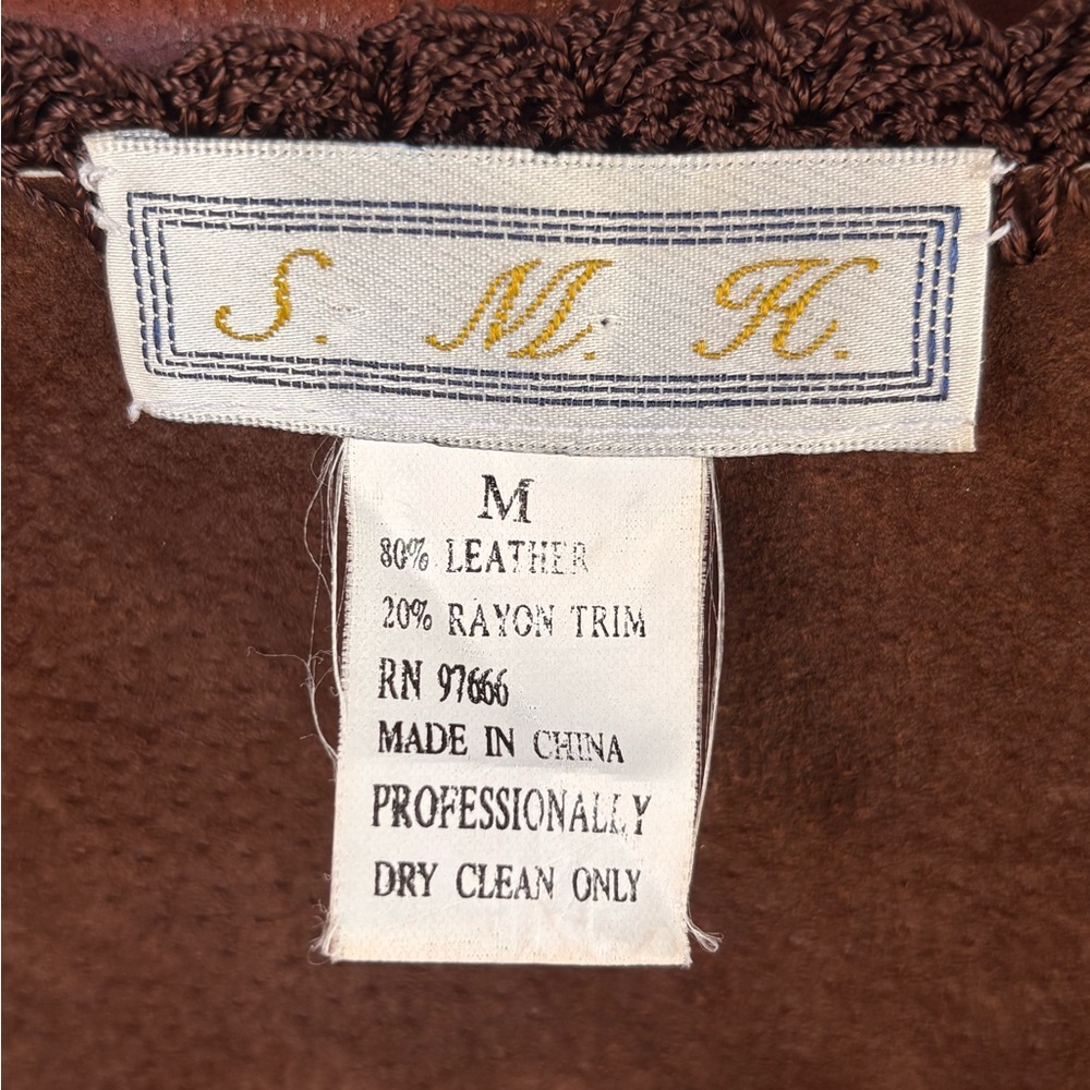 SMH Brown Leather Vest Crochet Vest Sz Medium Preowned - Picture 2 of 6